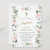 Whimsical Greenery Pink Floral Gold Cross Taufe Einladung (Vorderseite)
