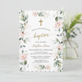 Whimsical Greenery Pink Floral Gold Cross Taufe Einladung (Stehend Vorderseite)