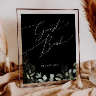 Whimsical Greenery und Gold Black Guest Book Sign Poster