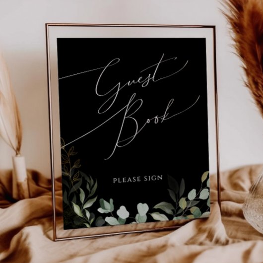 Whimsical Greenery und Gold Black Guest Book Sign Poster