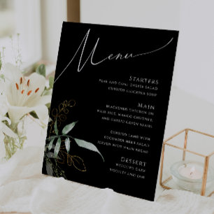 Whimsical Greenery und Gold   Black Wedding Menu Sockelschild