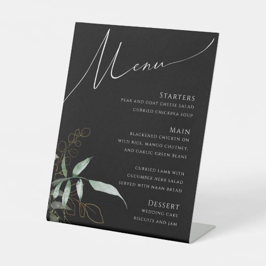 Whimsical Greenery und Gold | Black Wedding Menu Sockelschild (Vorderseite)