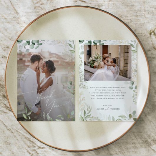 Whimsical Greenery und Gold Flat Verblendetes Foto Dankeskarte