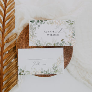 Whimsical Greenery und Gold Flat Wedding Platzkarte