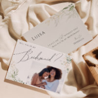 Whimsical Greenery und Gold Foto Bridesmaid Card