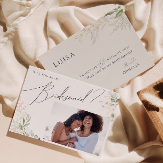 Whimsical Greenery und Gold Foto Bridesmaid Card Einladung