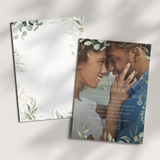Whimsical Greenery und Gold Foto Frame Wedding Einladung