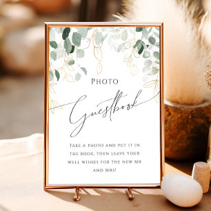 Whimsical Greenery und Gold Foto Guest Book Sign Poster