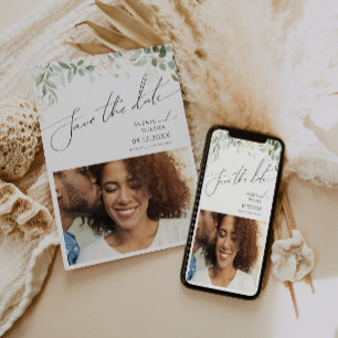 Whimsical Greenery und Gold Foto Save the Date