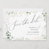 Whimsical Greenery und Gold Horizontal Foto Save The Date (Vorderseite)
