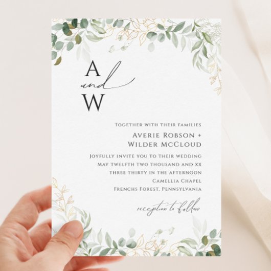 Whimsical Greenery und Gold Monogram Wedding Einladung