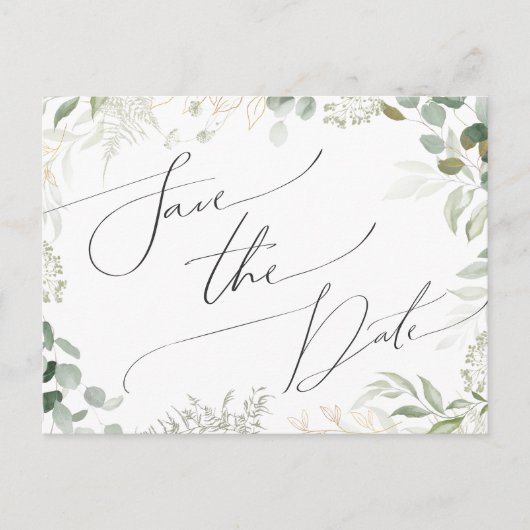 Whimsical Greenery und Gold Save the Date Postcard Einladungspostkarte (Vorderseite)