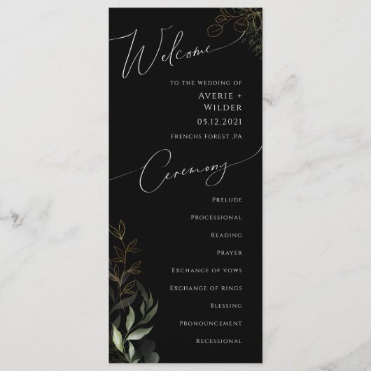 Whimsical Greenery und Gold | Schwarze Hochzeit Programm (Vorderseite)