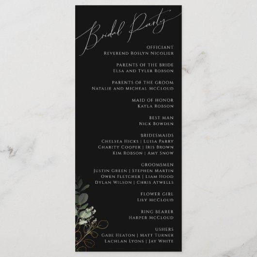 Whimsical Greenery und Gold | Schwarze Hochzeit Programm (Rückseite)