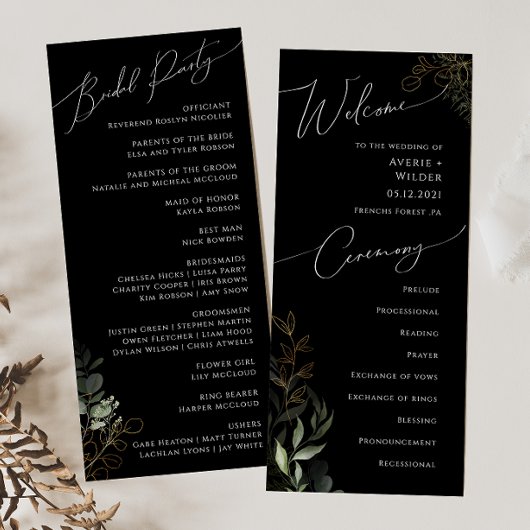 Whimsical Greenery und Gold | Schwarze Hochzeit Programm