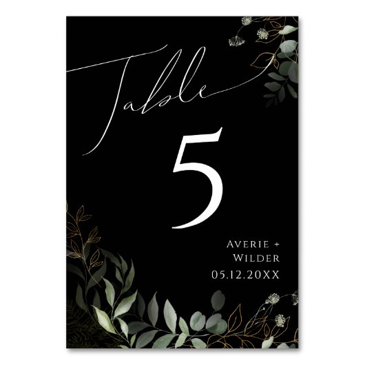Whimsical Greenery und Gold | Schwarze Tischnummer (Vorderseite)
