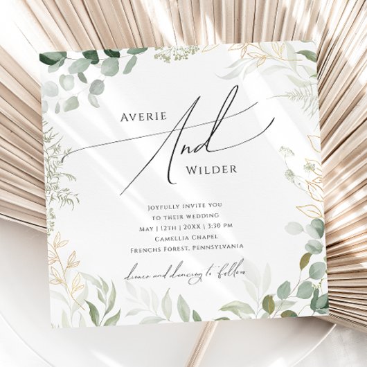 Whimsical Greenery und Gold Square Wedding Einladung