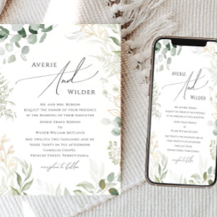 Whimsical Greenery und Gold Traditionelle Hochzeit Einladung