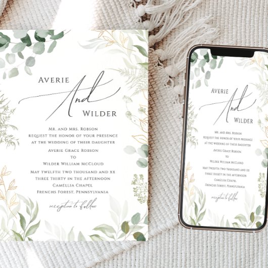 Whimsical Greenery und Gold Traditionelle Hochzeit Einladung