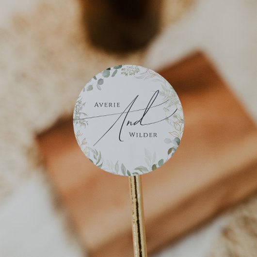 Whimsical Greenery und Gold Wedding Umschlag Aufkl Runder Aufkleber
