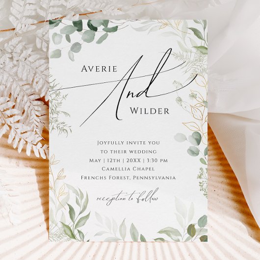 Whimsical Greenery und Goldkranz Lässige Hochzeit Einladung