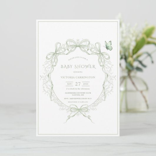 Whimsical Greenery Vintage Baby Shower Einladung (Stehend Vorderseite)