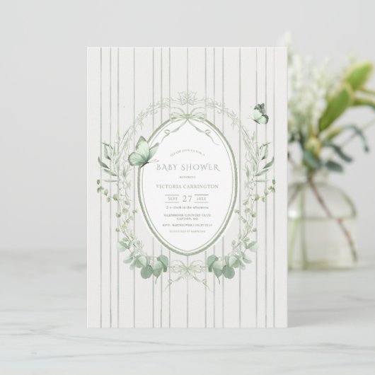 Whimsical Greenery Vintage Baby Shower Einladung (Stehend Vorderseite)