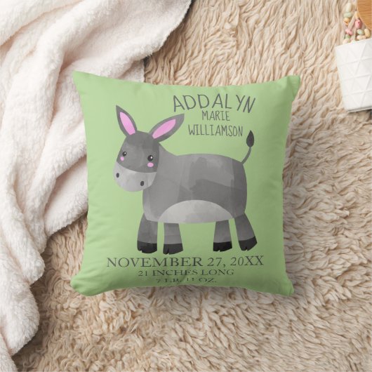 Whimsical Grey Donkey Green Child's Name Birthdate Kissen (Decke)