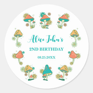 Whimsical Groovy Psychedelic Mushroom Geburtstag Runder Aufkleber