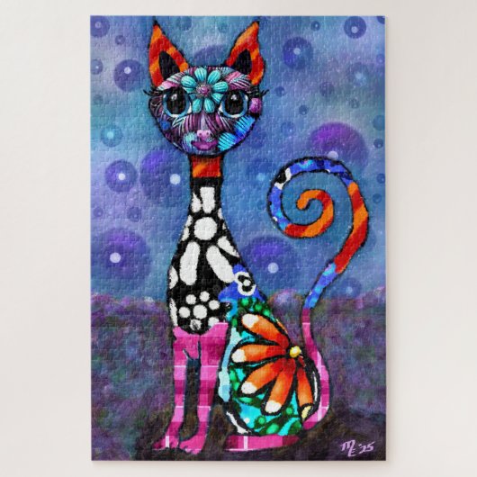 Whimsical große Augen funky abstrakte Kitty-Katze Puzzle (Vertikal)
