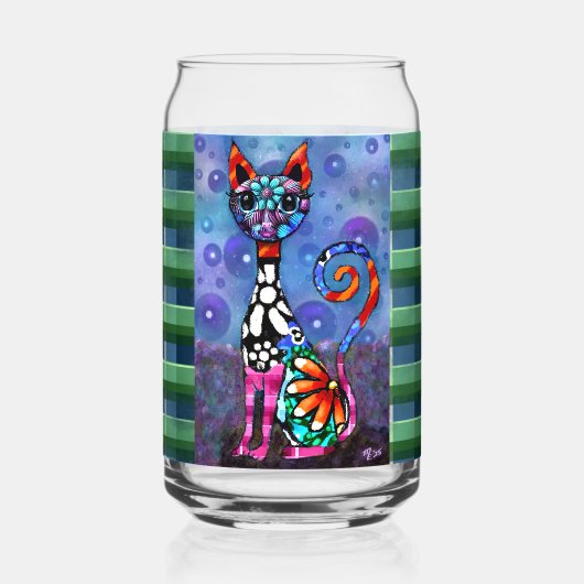 Whimsical große Augen funky Kitty Katze Abstract Dosenglas (Vorderseite)