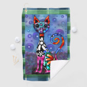 Whimsical große Augen funky Kitty Katze Abstract Golfhandtuch (Insitu)