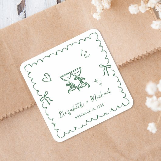 Whimsical grüne wellige Rahmenhochzeit Quadratischer Aufkleber