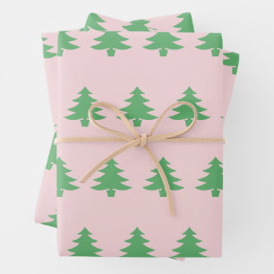 Whimsical Grünen Weihnachtsbäume auf Blassrosa Geschenkpapier Set