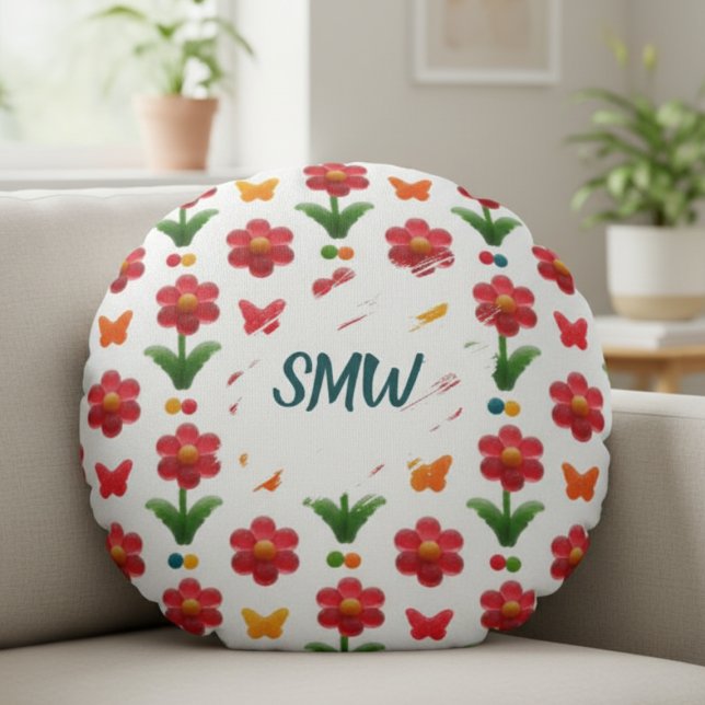 Whimsical Gummy Flower Round Throw Pillow Rundes Kissen (Gummycore flowers and butterflies decorative pillow)
