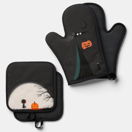 Whimsical Halloween Hexe und Pumpkin Ofenhandschuh & Topflappen-Set (Vorderseite/Rückseite)