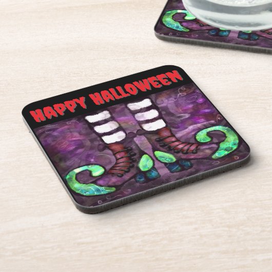 Whimsical Halloween Hexenstiefel Lila grün rot Getränkeuntersetzer (Linke Seite)