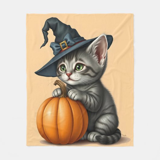 Whimsical Halloween Kitten, Adorable Kitten Witch, Fleecedecke (Vorderseite)