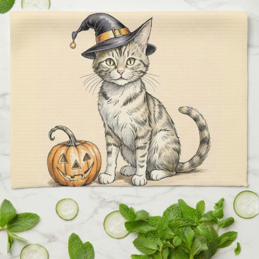 Whimsical Halloween Kitten Kitchen Towel, Fall Cat Geschirrtuch (Gefaltet)