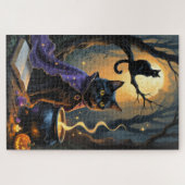 Whimsical Halloween-Malerei mit schwarzer Katze Puzzle (Horizontal)