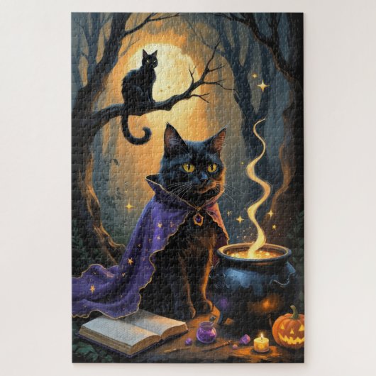 Whimsical Halloween-Malerei mit schwarzer Katze Puzzle (Vertikal)