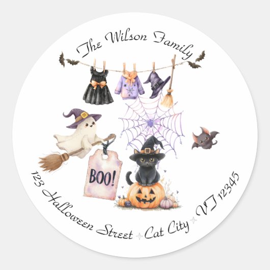 Whimsical Halloween-Party Hexe und Spooky Runder Aufkleber (Vorderseite)