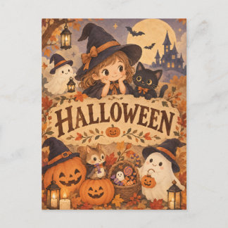 Whimsical Halloween Witch & Friends Post Card Postkarte