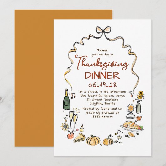 Whimsical Hand Drafall Erntedank Abendessen Einladung (Vorne/Hinten)