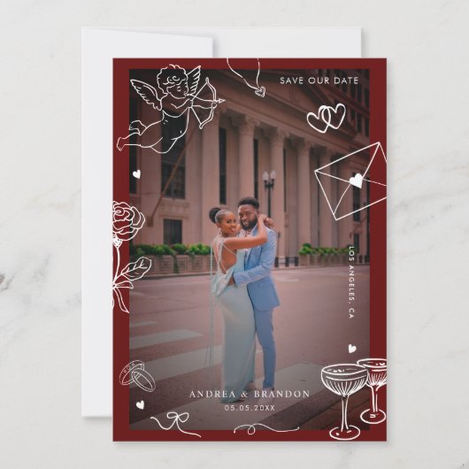 Whimsical Hand Drawing 2 Foto Fun Scribble Hochzei Save The Date (Vorderseite)