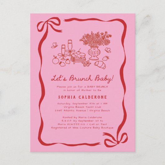 Whimsical Hand Drawing Baby Dusche Brunch Postkarte (Vorderseite)