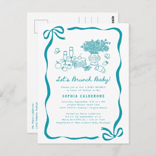 Whimsical Hand Drawing Baby Dusche Brunch Postkarte (Vorne/Hinten)