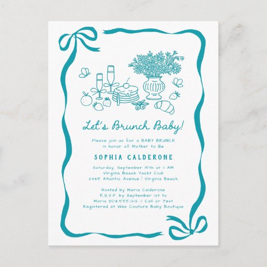 Whimsical Hand Drawing Baby Dusche Brunch Postkarte (Vorderseite)
