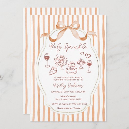 Whimsical Hand Drawing Baby Sprinkle Bow Ribbon Einladung (Vorne/Hinten)