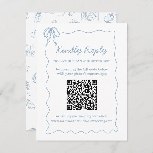 Whimsical Hand Drawing Blue Illustriert Qr Code RSVP Karte (Vorne/Hinten)
